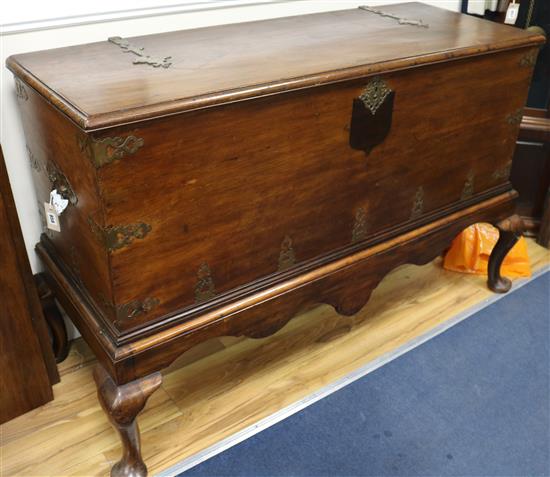An 18th century Continental mahogany brass-bound chest on stand, 150cm wide